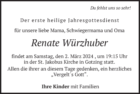 Todesanzeige von Renate Würzhuber von merkurtz