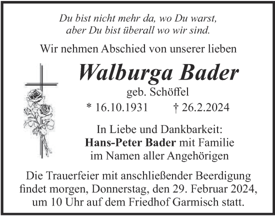 Todesanzeige von Walburga Bader von merkurtz