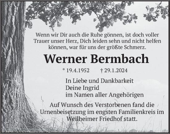 Todesanzeige von Werner Bermbach von merkurtz