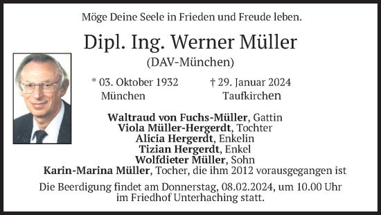 Todesanzeige von Werner Müller von merkurtz