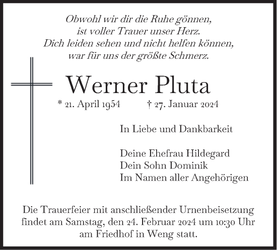 Todesanzeige von Werner Pluta von merkurtz