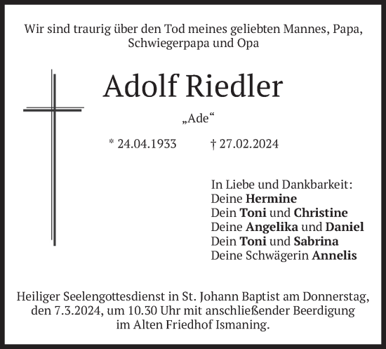 Todesanzeige von Adolf Riedler von merkurtz