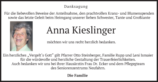 Todesanzeige von Anna Kieslinger von merkurtz