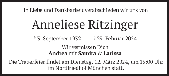 Todesanzeige von Anneliese Ritzinger von merkurtz