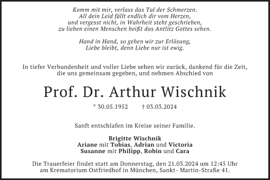 Todesanzeige von Arthur Wischnik von merkurtz