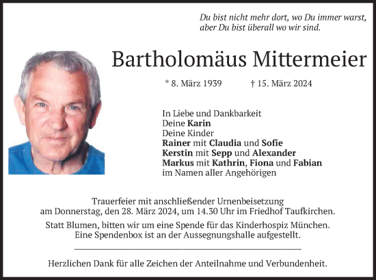 Todesanzeige von Bartholomäus Mittermeier von merkurtz