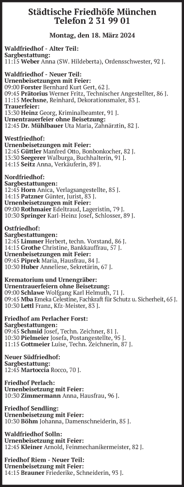 Todesanzeige von Bestattungen vom 18.03.2024 von merkurtz