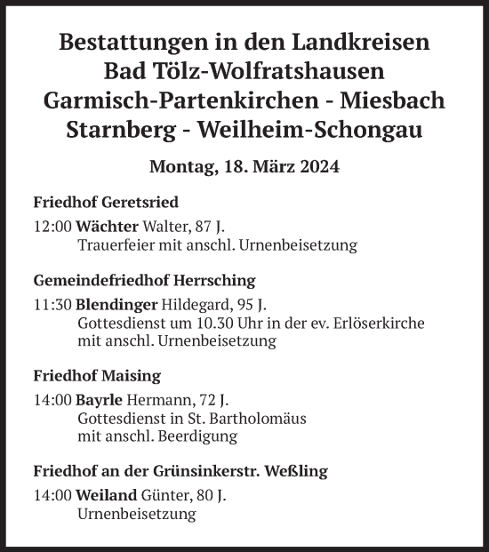 Todesanzeige von Bestattungen vom 18.03.2024 von merkurtz