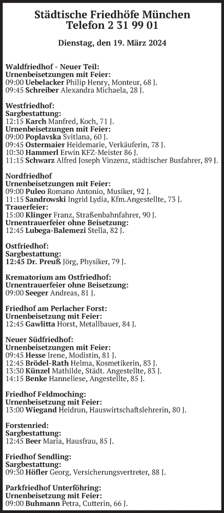 Todesanzeige von Bestattungen vom 19.03.2024 von merkurtz