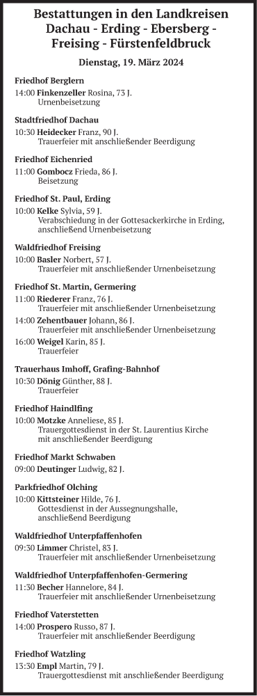 Todesanzeige von Bestattungen vom 19.03.2024 von merkurtz