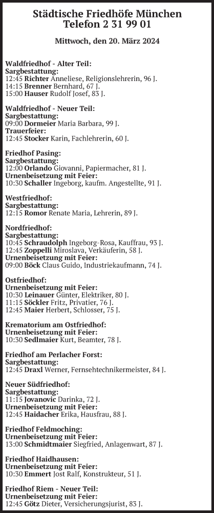 Todesanzeige von Bestattungen vom 20.03.2024 von merkurtz