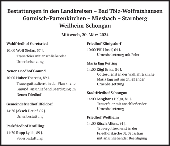 Todesanzeige von Bestattungen vom 20.03.2024 von merkurtz