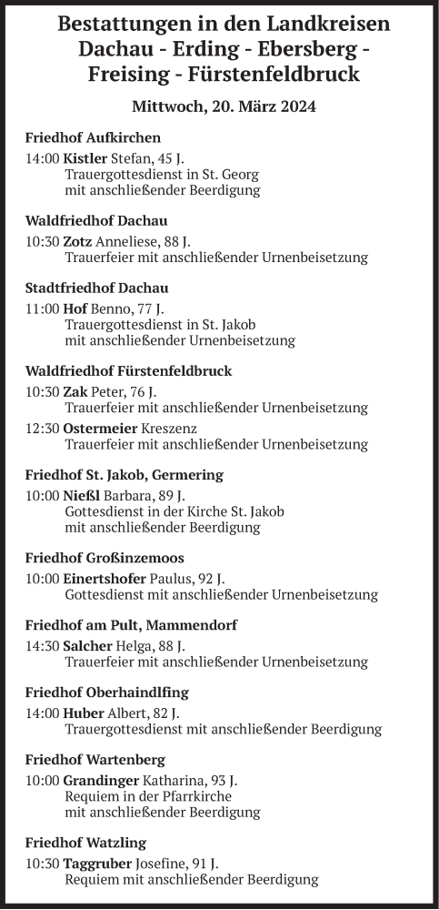 Todesanzeige von Bestattungen vom 20.03.2024 von merkurtz