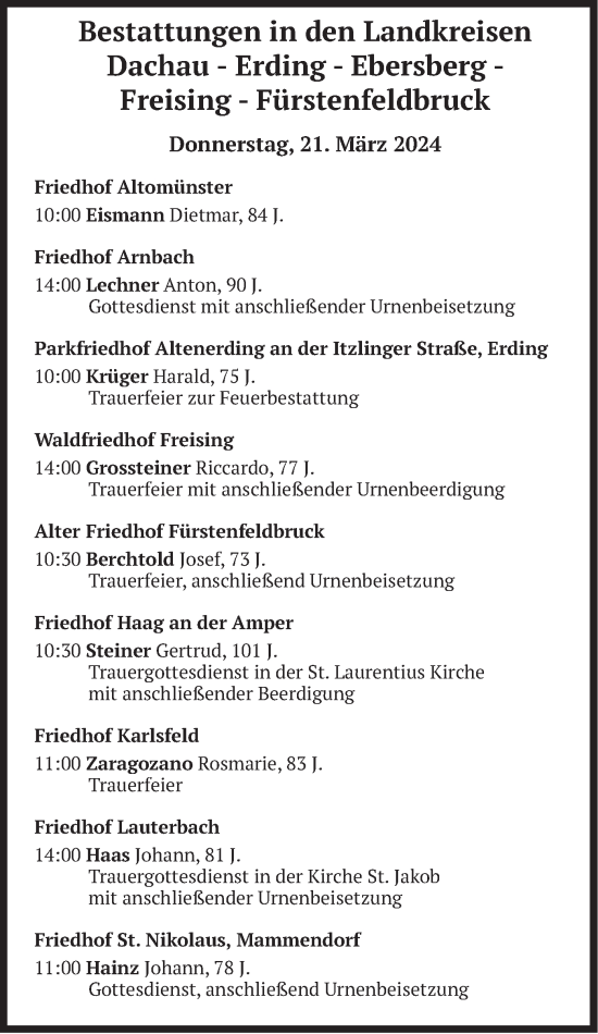 Todesanzeige von Bestattungen vom 21.03.2024 von merkurtz