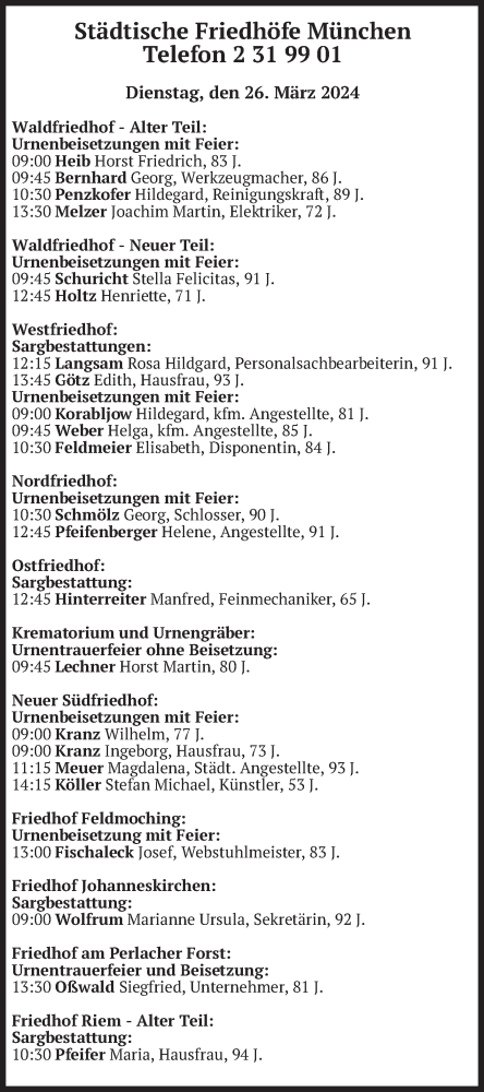 Todesanzeige von Bestattungen vom 26.03.2024 von merkurtz