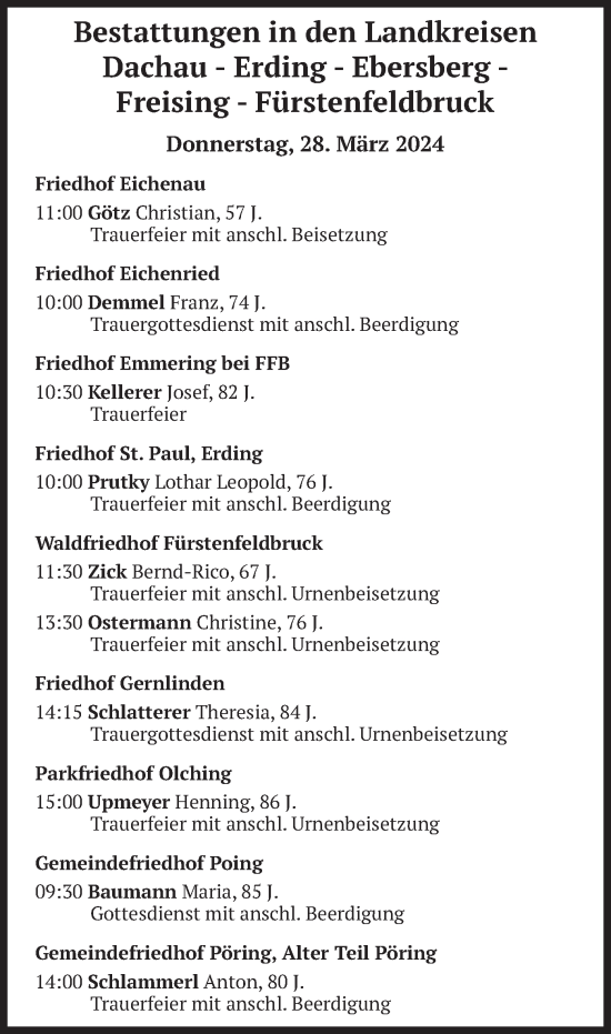 Todesanzeige von Bestattungen vom 28.03.2024 von merkurtz