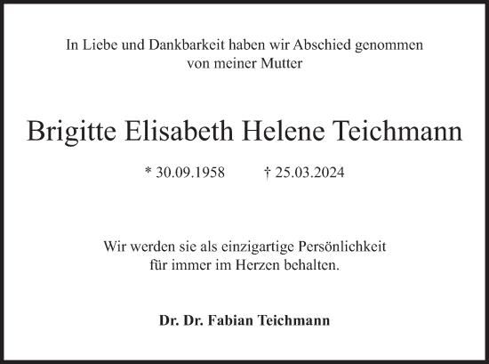 Todesanzeige von Brigitte Elisabeth Helene Teichmann von merkurtz