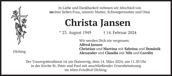 Todesanzeige von Christa Jansen von merkurtz