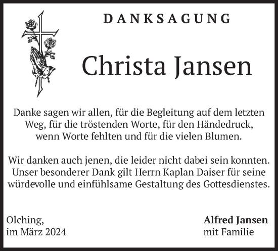 Todesanzeige von Christa Jansen von merkurtz