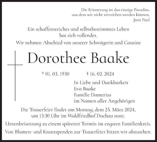 Todesanzeige von Dorothee Baake von merkurtz