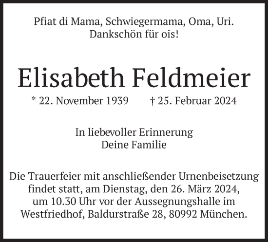 Todesanzeige von Elisabeth Feldmeier von merkurtz
