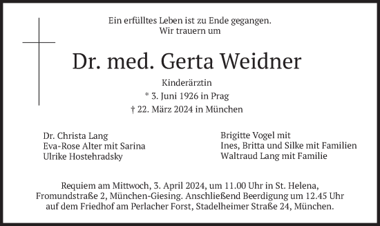 Todesanzeige von Gerta Weidner von merkurtz