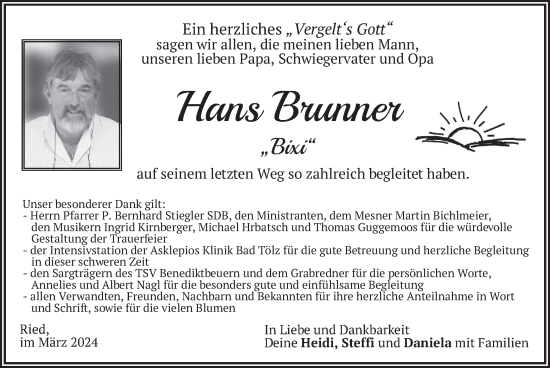 Todesanzeige von Hans Brunner von merkurtz