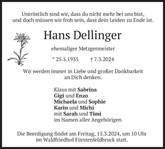 Todesanzeige von Hans Dellinger von merkurtz
