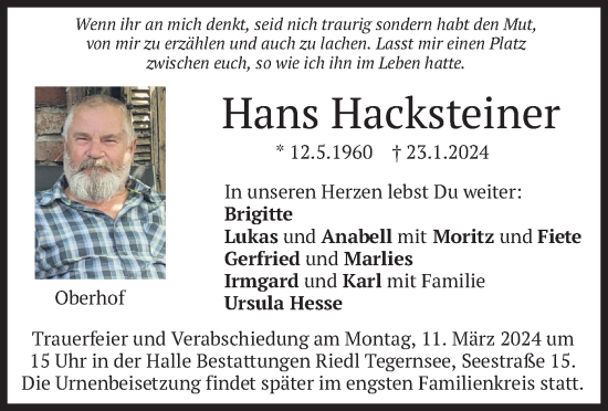 Todesanzeige von Hans Hacksteiner von merkurtz