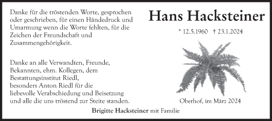 Todesanzeige von Hans Hacksteiner von merkurtz