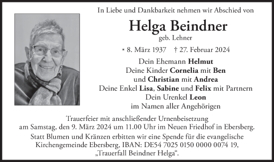 Todesanzeige von Helga Beindner von merkurtz