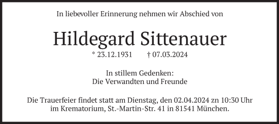 Todesanzeige von Hildegard Sittenauer von merkurtz
