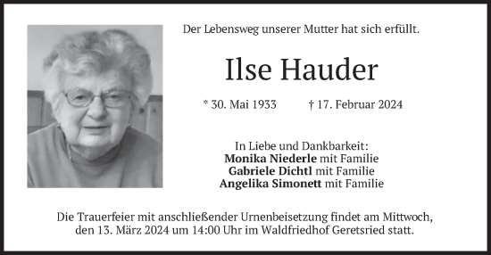 Todesanzeige von Ilse Hauder von merkurtz