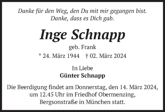 Todesanzeige von Inge Schnapp von merkurtz