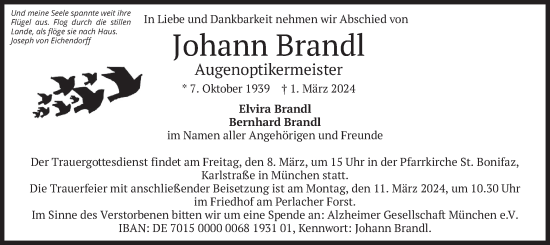 Todesanzeige von Johann Brandl von merkurtz