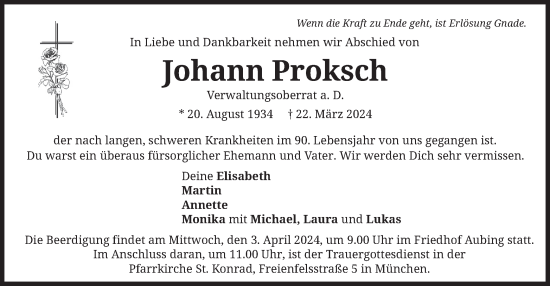 Todesanzeige von Johann Proksch von merkurtz