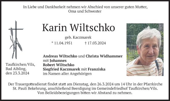Todesanzeige von Karin Wiltschko von merkurtz