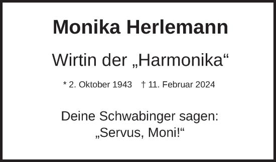 Todesanzeige von Monika Herlemann von merkurtz