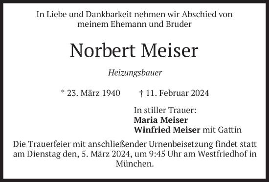 Todesanzeige von Norbert Meiser von merkurtz