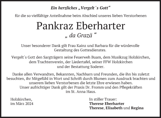 Todesanzeige von Pankraz Eberharter von merkurtz