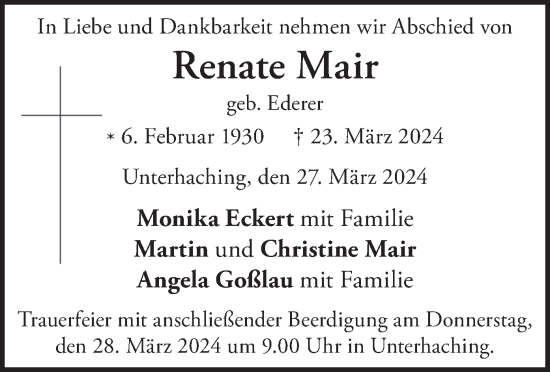 Todesanzeige von Renate Mair von merkurtz