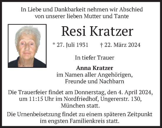 Todesanzeige von Resi Kratzer von merkurtz