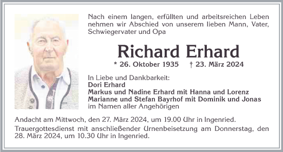 Todesanzeige von Richard Erhard von merkurtz