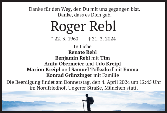 Todesanzeige von Roger Rebl von merkurtz