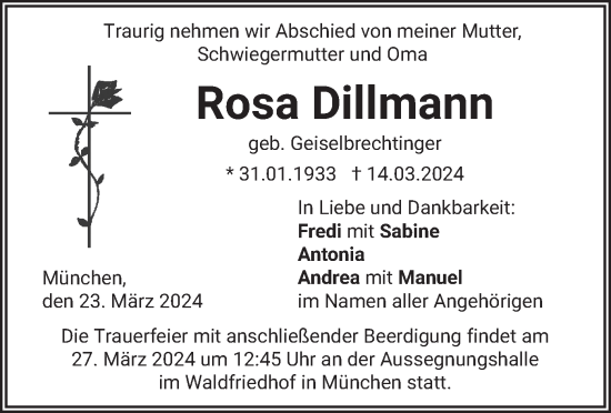 Todesanzeige von Rosa Dillmann von merkurtz