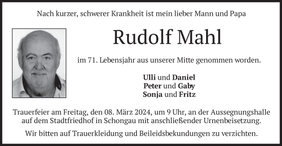 Todesanzeige von Rudolf Mahl von merkurtz