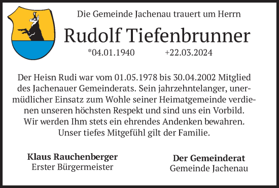 Todesanzeige von Rudolf Tiefenbrunner von merkurtz