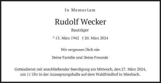 Todesanzeige von Rudolf Wecker von merkurtz