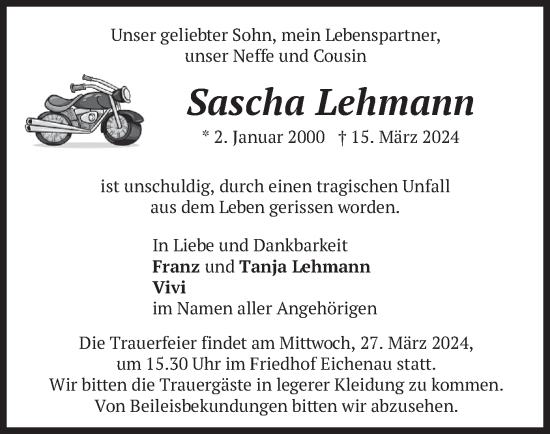 Todesanzeige von Sascha Lehmann von merkurtz