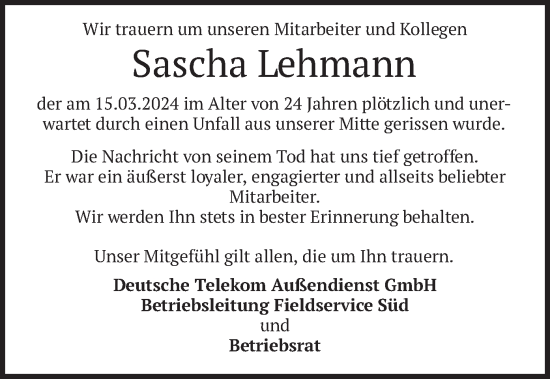 Todesanzeige von Sascha Lehmann von merkurtz